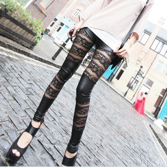 2013 women's fashion leather cutout lace patchwork slim legging pants female wholesale