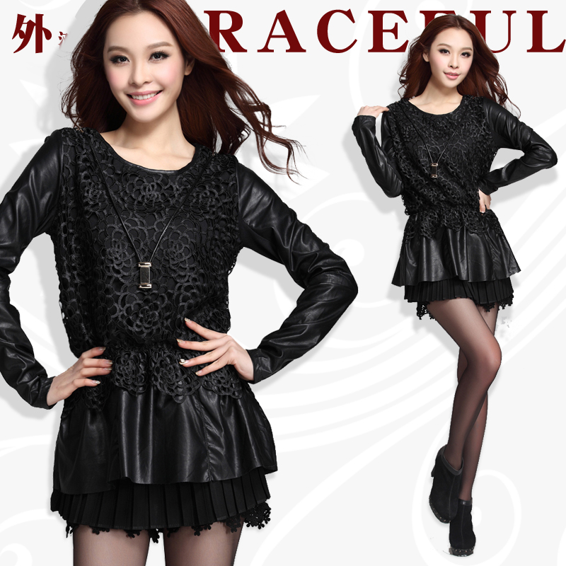 2013 women's fashion o-neck PU patchwork lace black long-sleeve gentlewomen plus size top