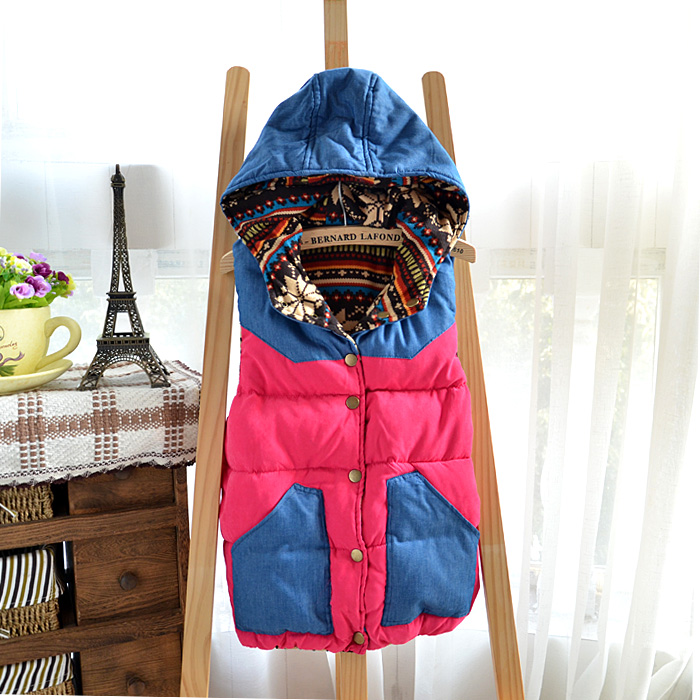 2013 women's fashion reversible down cotton vest denim patchwork thickening vest