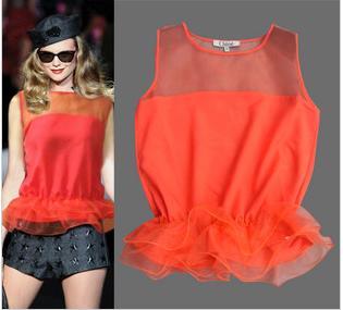 2013 Women's fashion sleeveless top organza silk fashion sweep chiffon shirt summer vest Free shipping
