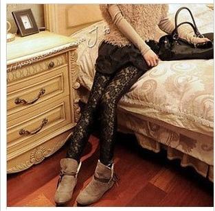 2013 women's faux leather lace patchwork cutout legging boot cut jeans