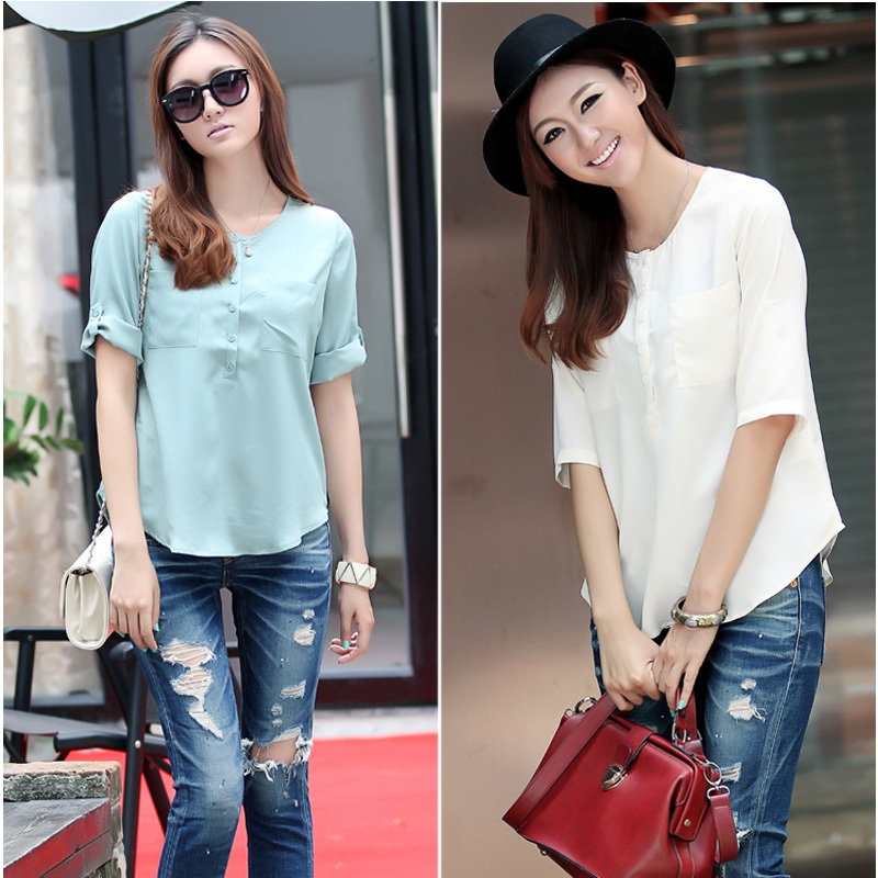 2013 women's faux silk women's shirt female half sleeve behind placketing shirt