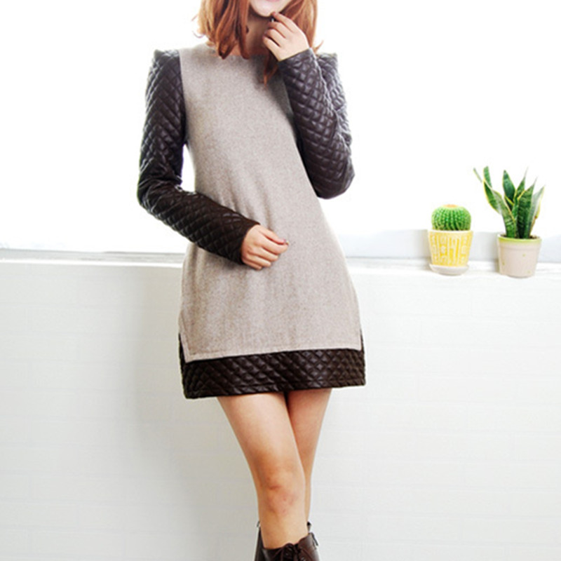 2013 women's faux two piece woolen water washed leather patchwork all-match one-piece dress female woolen dress leather skirt