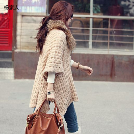 2013 women's female winter shoulder cape type loose long design batwing sleeve sweater side buckle sweater outerwear