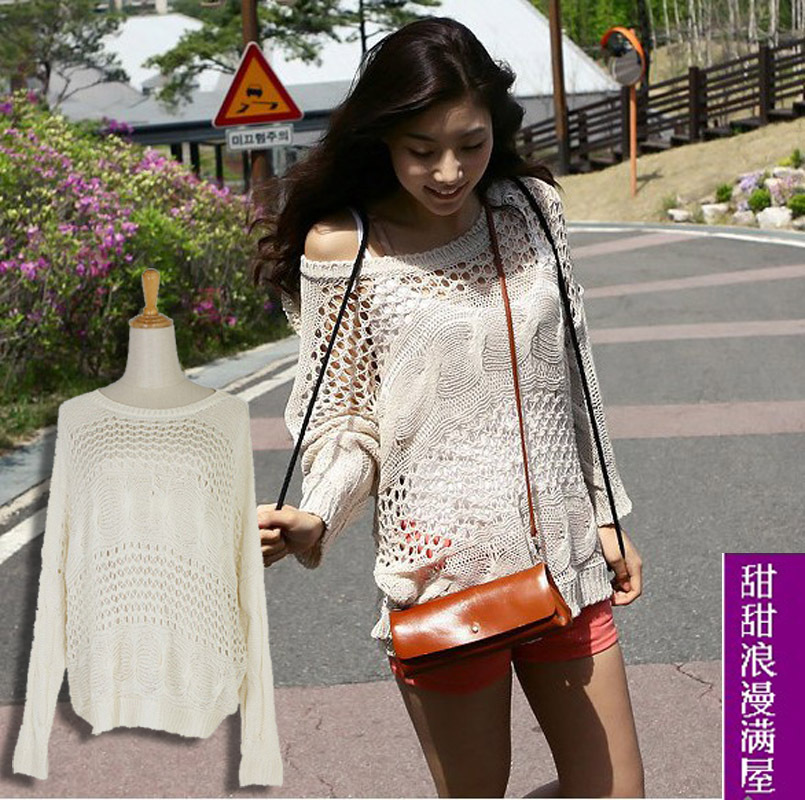 2013 women's h1519 small fresh casual all-match cutout crochet loose batwing sleeve sweater shirt