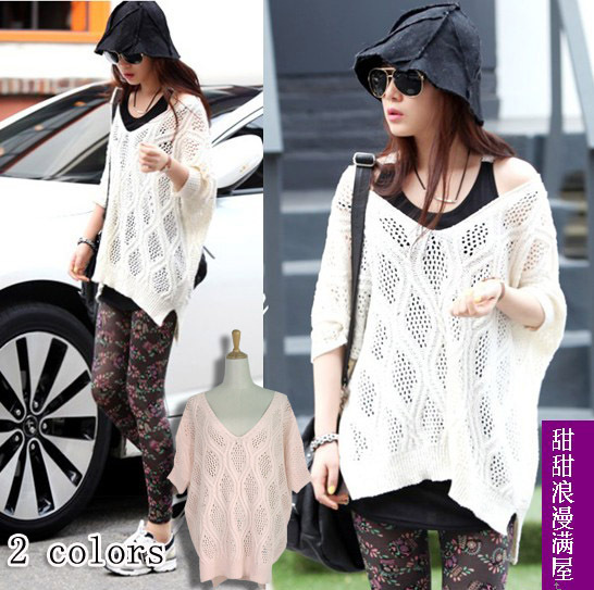 2013 women's h3085 casual V-neck cutout rhombus low-high batwing sleeve sweater outerwear