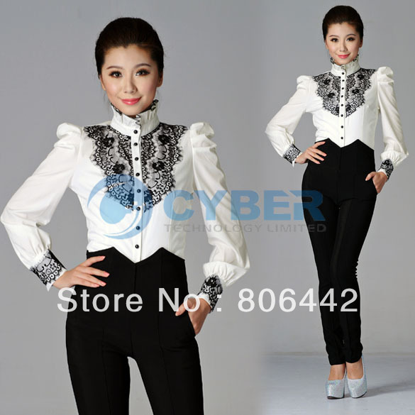 2013 Women's Korea Lace Lotus Leaf Stand Collar Puff Long Sleeve Shirts OL Blouses Tops Free Shipping 10029