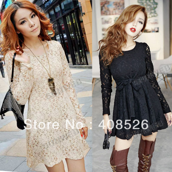 2013 Women's Ladies Stylish Crewneck Long Sleeve Tunic Lace Dress Black, Apricot Free shipping 9406