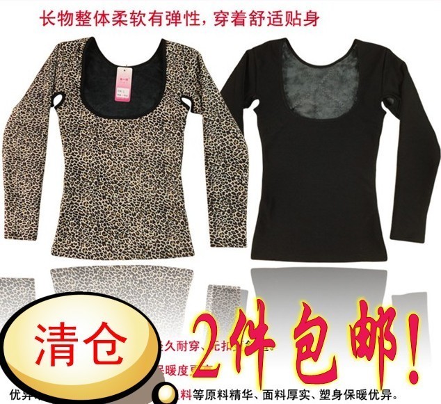 2013 Women's large-neck thickening plus velvet leopard print long-sleeve thermal underwear body shaping thermal top female