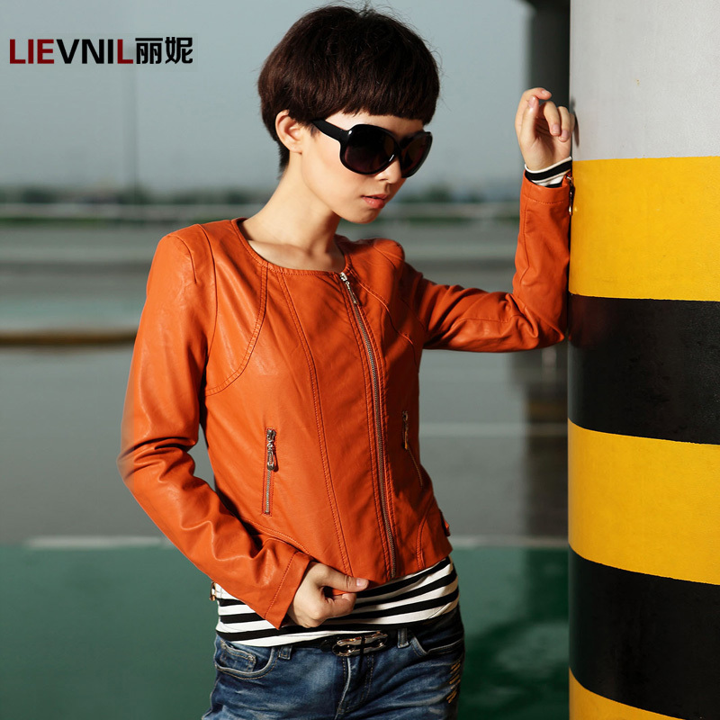 2013 women's leather clothing short design o-neck slim PU clothing motorcycle jacket coat women's