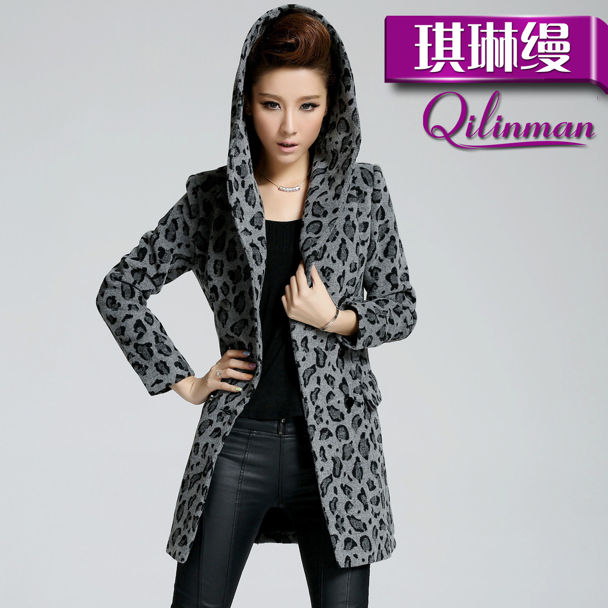 2013 women's leopard print double breasted with a hood long design slim woolen overcoat outerwear 5151
