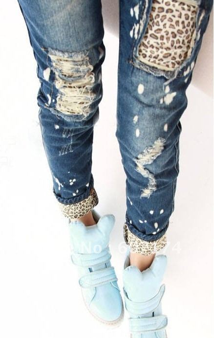 2013 women's leopard print wearing white retro finishing hole butt-lifting skinny pants pencil jeansS:S-L,Free shiping