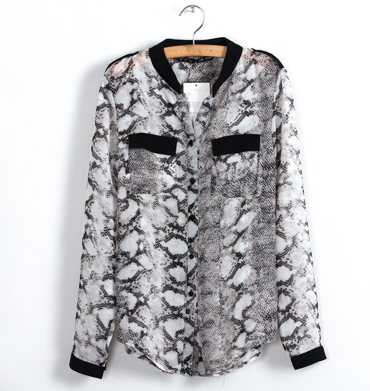2013 women's long sleeve cardigan black pocket serpentine chiffon shirt /DZ095