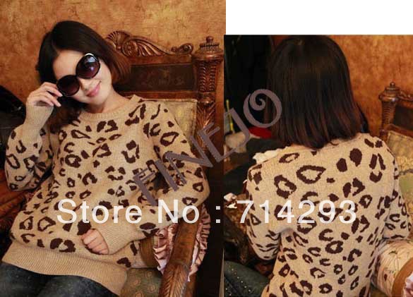 2013 Women's Long Sleeve Pullover Fashion Leopard Sweater Crew Neck Knitwear Free Shipping 7195