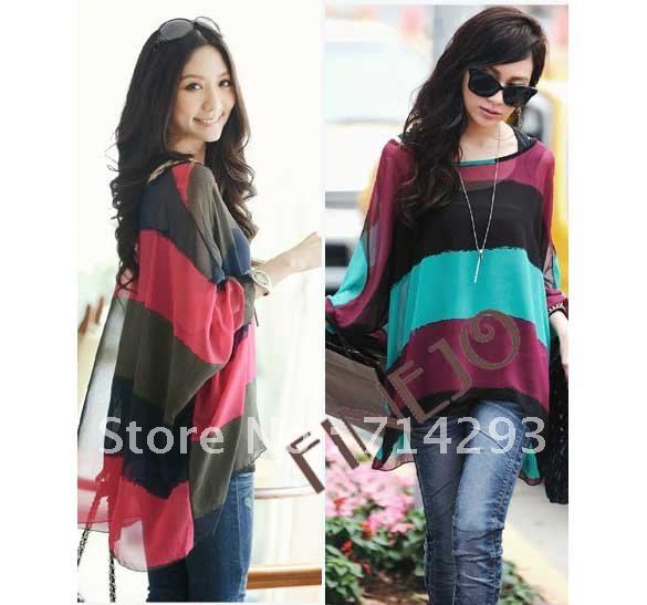 2013 Women's Loose Batwing Shirt Dolman Multicolour Stripe Strander Vest Tops Blouses T-Shirt free shipping 5593