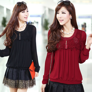 2013 women's loose plus size chiffon shirt lace patchwork T-shirt o-neck long-sleeve top female