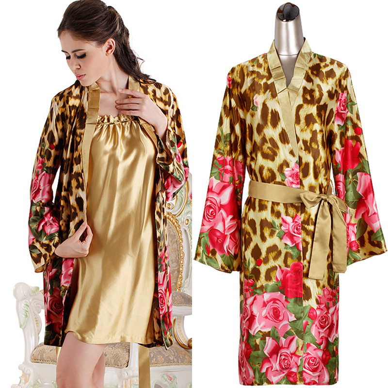 2013 women's luxury sexy long-sleeve golden purple leopard print spaghetti strap sleepwear homewear 2 piece robe sets 66011