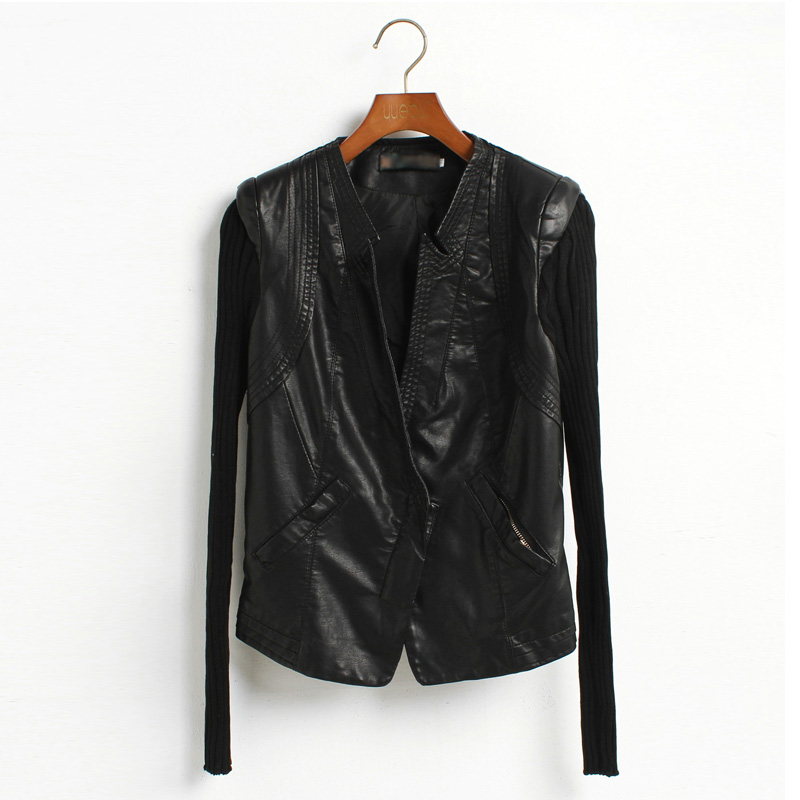 2013 women's motorcycle slim PU patchwork leather clothing female short design coat V-neck jacket Free Shipping