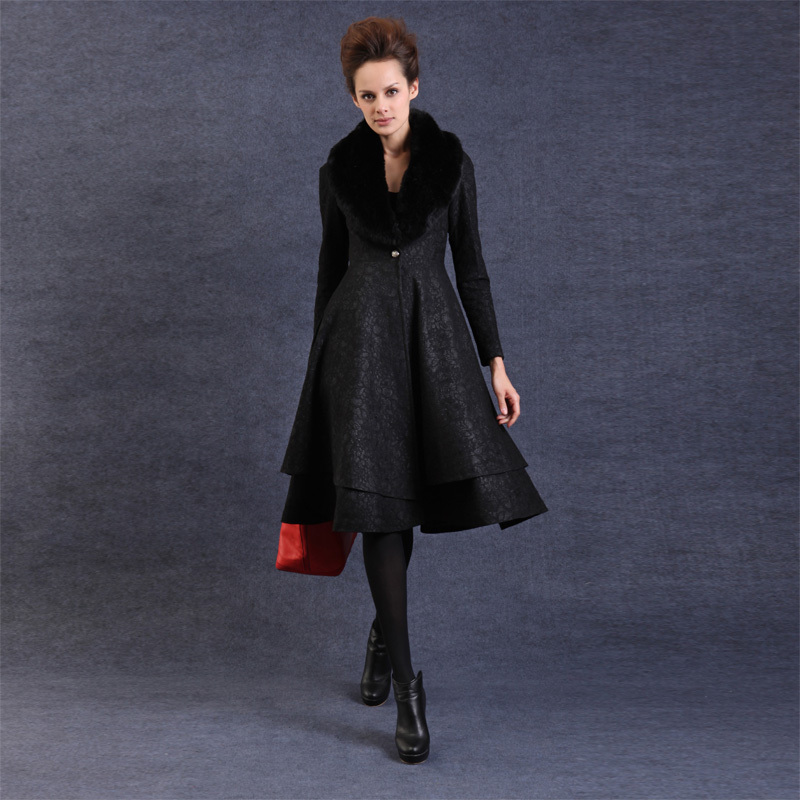 2013 women's new arrival wool turn-down collar long-sleeve lace slim outerwear medium-long overcoat fy-847