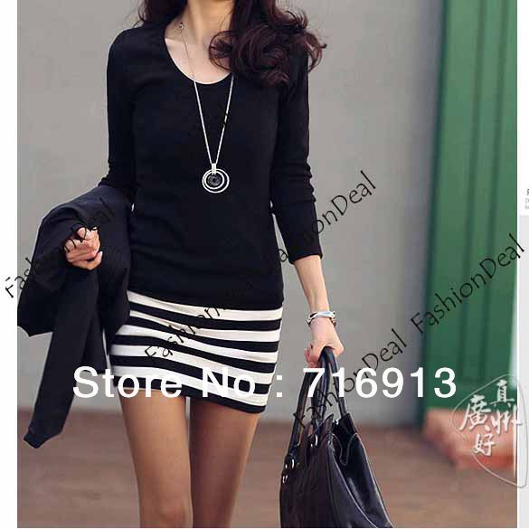 2013 women's new Korean ladies large size fashion Slim Cotton stripe dress Black +White free shipping 3691