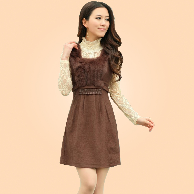 2013 women's one-piece dress slim spring one-piece dress plus size genuine leather hare woolen cape basic skirt female skirt