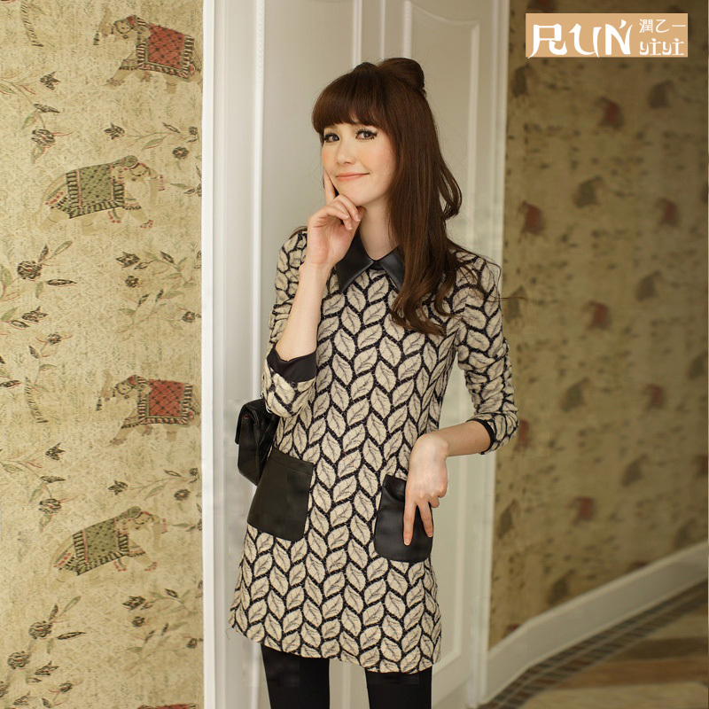 2013 Women's Print Sgraffito Slim Leather Mosaic Long-sleeve Dress Basic Skirt