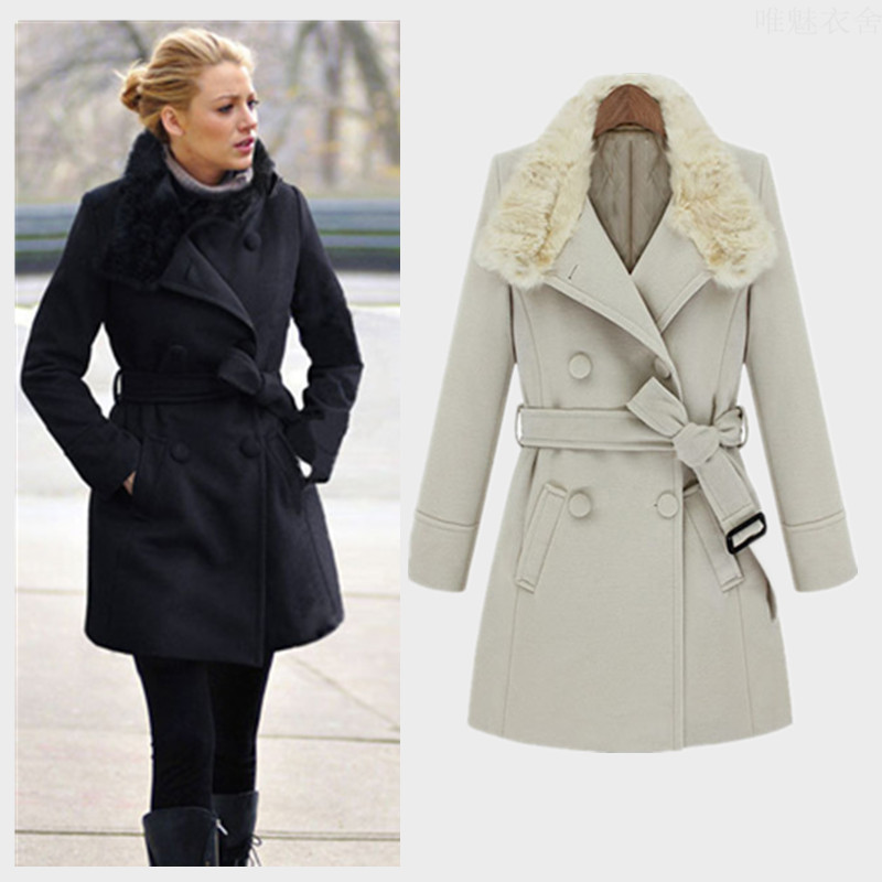 2013 women's rabbit fur trench long winter design clothes wool coat outerwear british style female