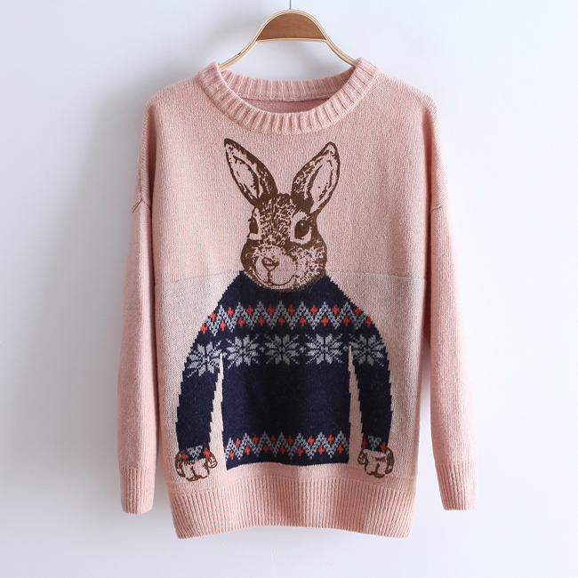 2013 women's rabbit print o-neck long-sleeve pullover sweater wx1205