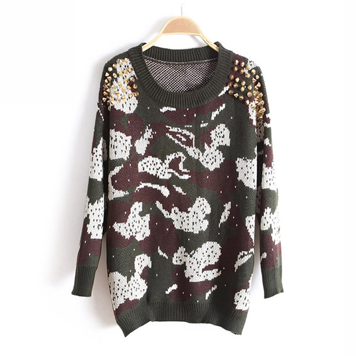 2013 women's rivet decoration o-neck blended-color irregular pattern sweater wx1272