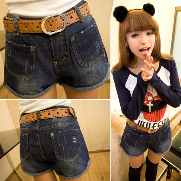2013 women's roll up hem patch pocket plus size loose retro finishing distrressed jeans shorts