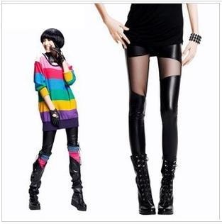 2013 women's sexy transparent gauze faux leather pants black colorant match legging ankle length trousers