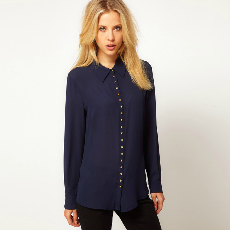 2013 women's Shirt rivets button turn-down collar long-sleeve chiffon Blouses Elegant Office Lady Career shirts SX8996