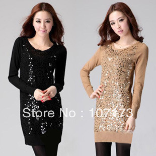 2013 Women's Slim Basic Shirt Paillette Sweater Low O-neck Medium-long Sweater