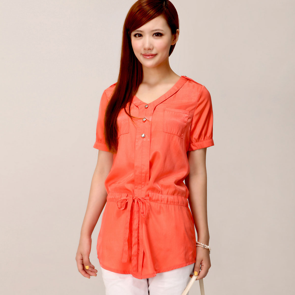 2013 women's slim medium-long V-neck lacing short-sleeve shirt 1121