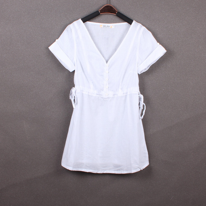 2013 women's slim V-neck belt pullover short-sleeve medium-long casual shirt