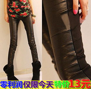 2013 women's spring all-match patchwork thickening legging skinny pants leather pants pencil pants