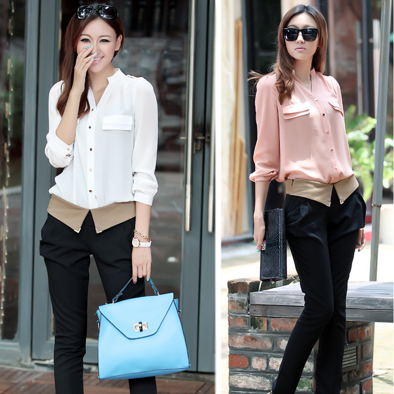 2013 women's spring and autumn women's shirt all-match shirt summer pocket medium-long shirt