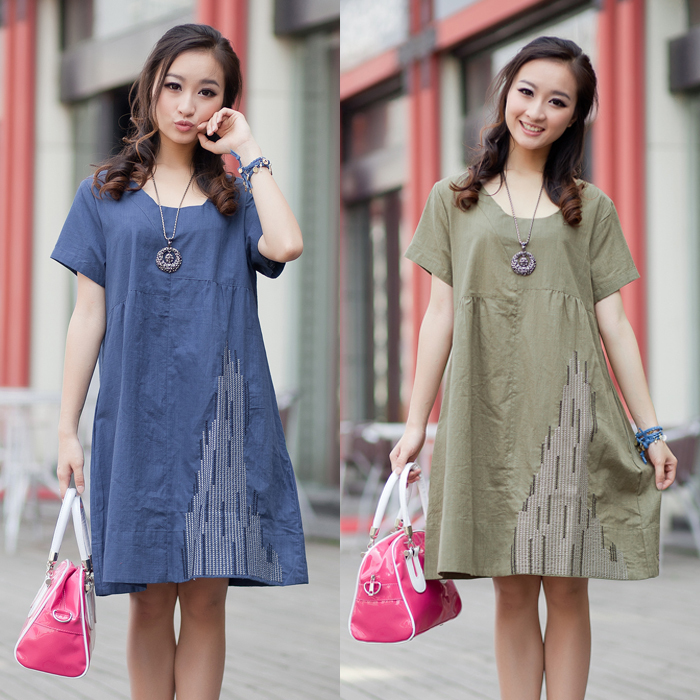 2013 women's spring and summer embroidered fluid linen short-sleeve loose casual one-piece dress plus size