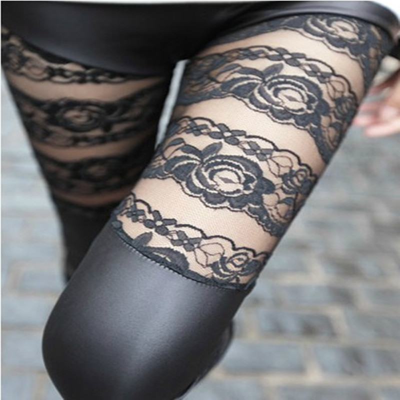 2013 women's spring and summer fashion slim sexy faux leather lace patchwork basic leather pants