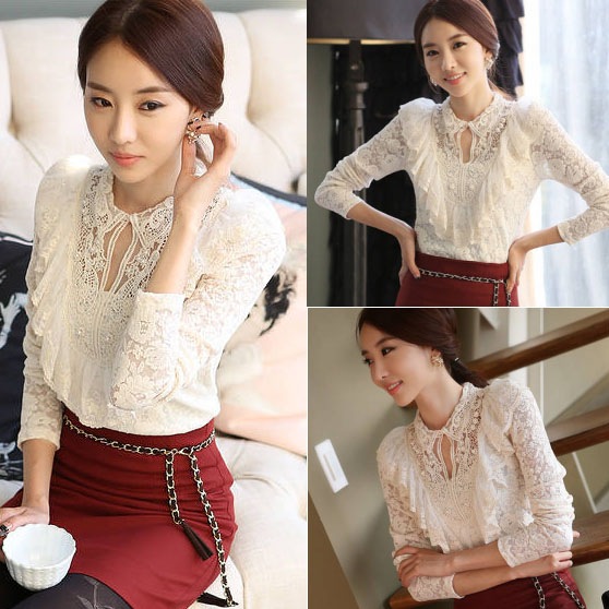 2013 women's spring clothes basic shirt female long-sleeve T-shirt low collar lace shirt