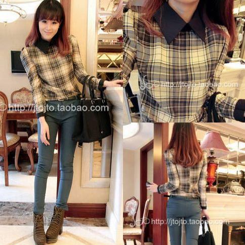 2013 women's spring clothes color block decoration peter pan collar plaid chiffon shirt fashion shirt