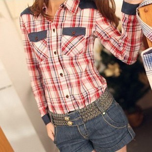 2013 women's spring denim patchwork classic plaid long-sleeve shirt q936 double pocket shirt