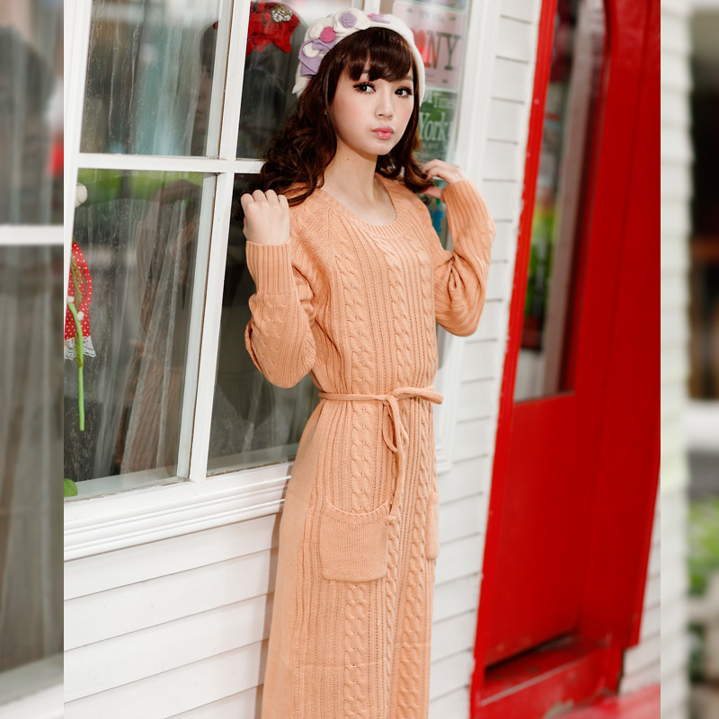 2013 women's spring design long sweater slim lacing basic knitted sweater dress one-piece dress Free Shipping