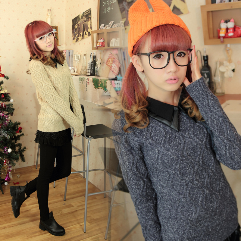 2013 women's spring dimond plaid turn-down collar loose long-sleeve knitted sweater outerwear 1207