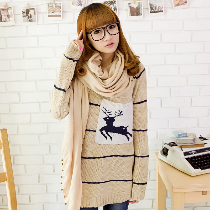 2013 women's spring elizabethans stripe loose pullover long-sleeve medium-long sweater outerwear 1182