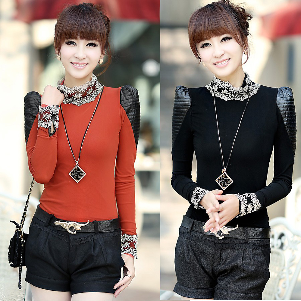 2013 women's spring fashion elegant slim puff sleeve patchwork lace collar t-shirt basic shirt