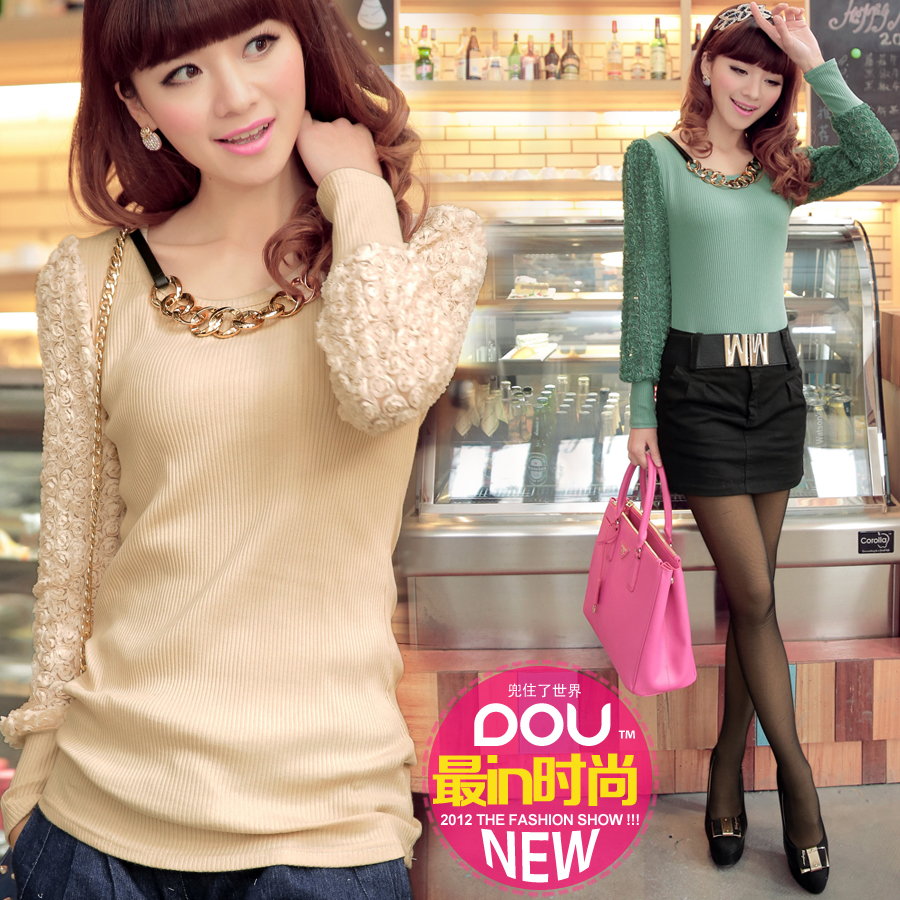 2013 women's spring formal lantern sleeve o-neck slim medium-long basic sweater t-shirt female
