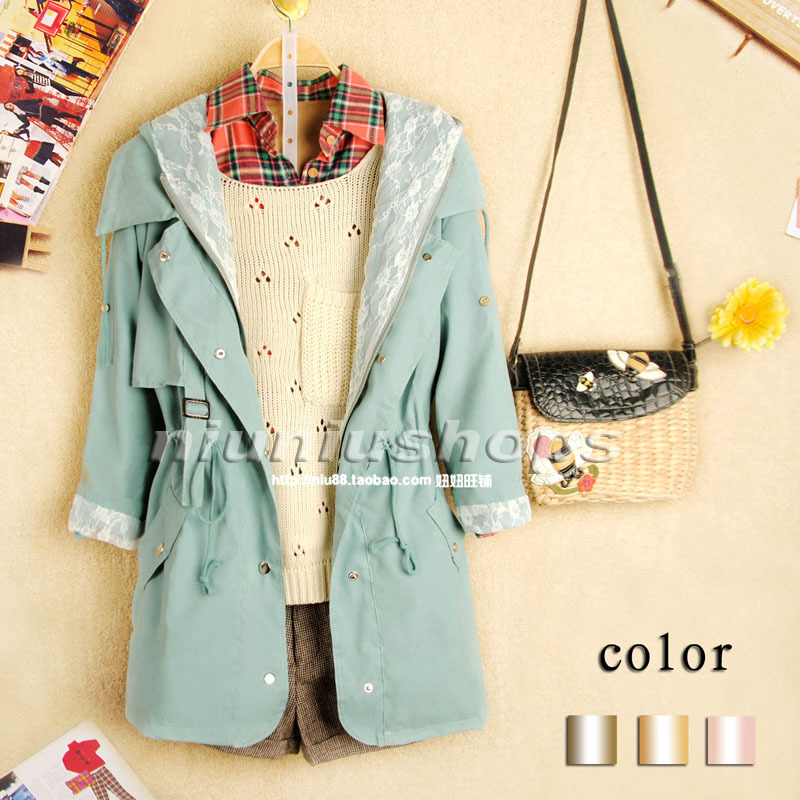 2013 women's spring lining lace loose with a hood medium-long trench outerwear