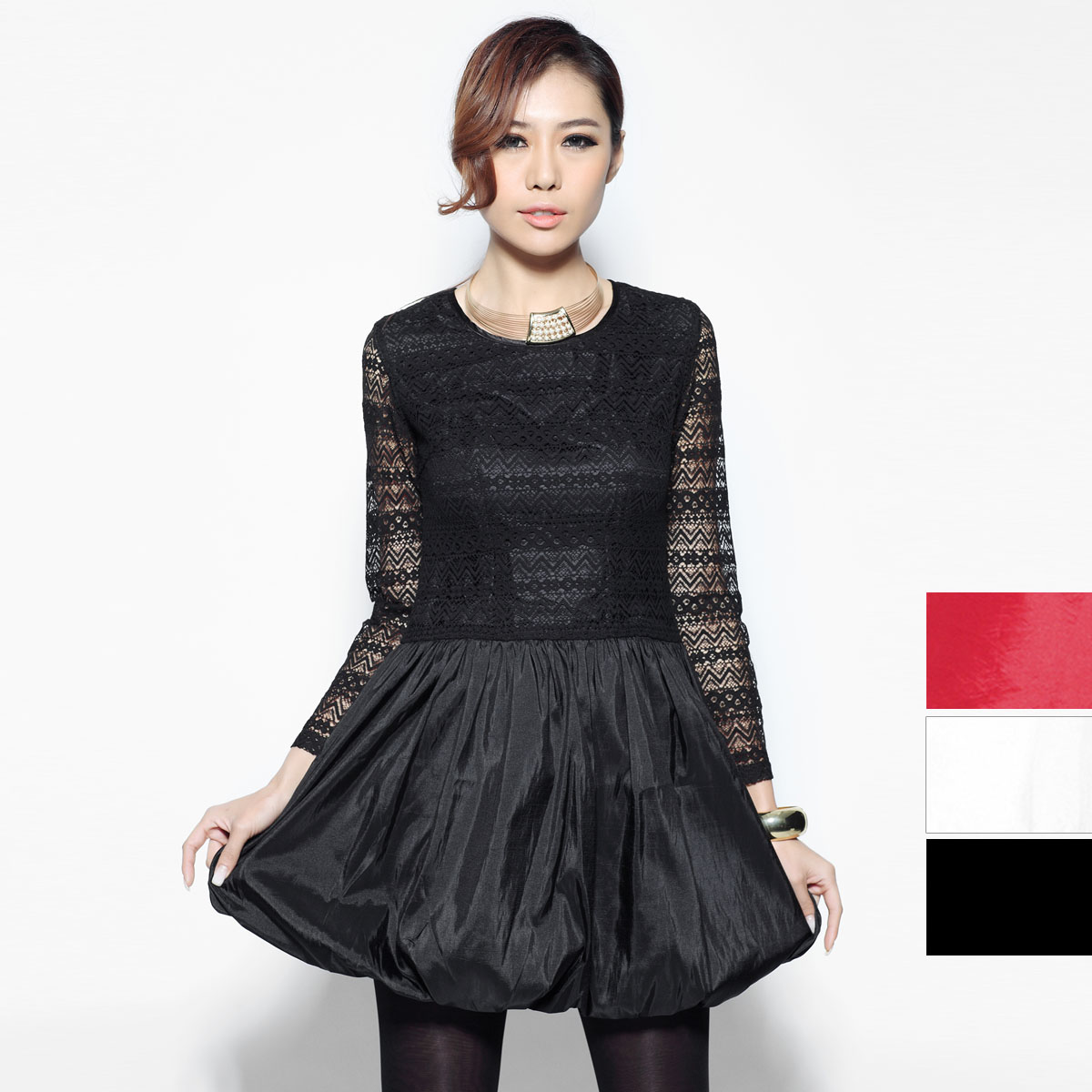 2013 women's spring long-sleeve o-neck crotch lace patchwork patent leather one-piece dress