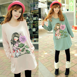 2013 women's spring maternity plus size loose cartoon girl double faced pocket embroidered long-sleeve T-shirt